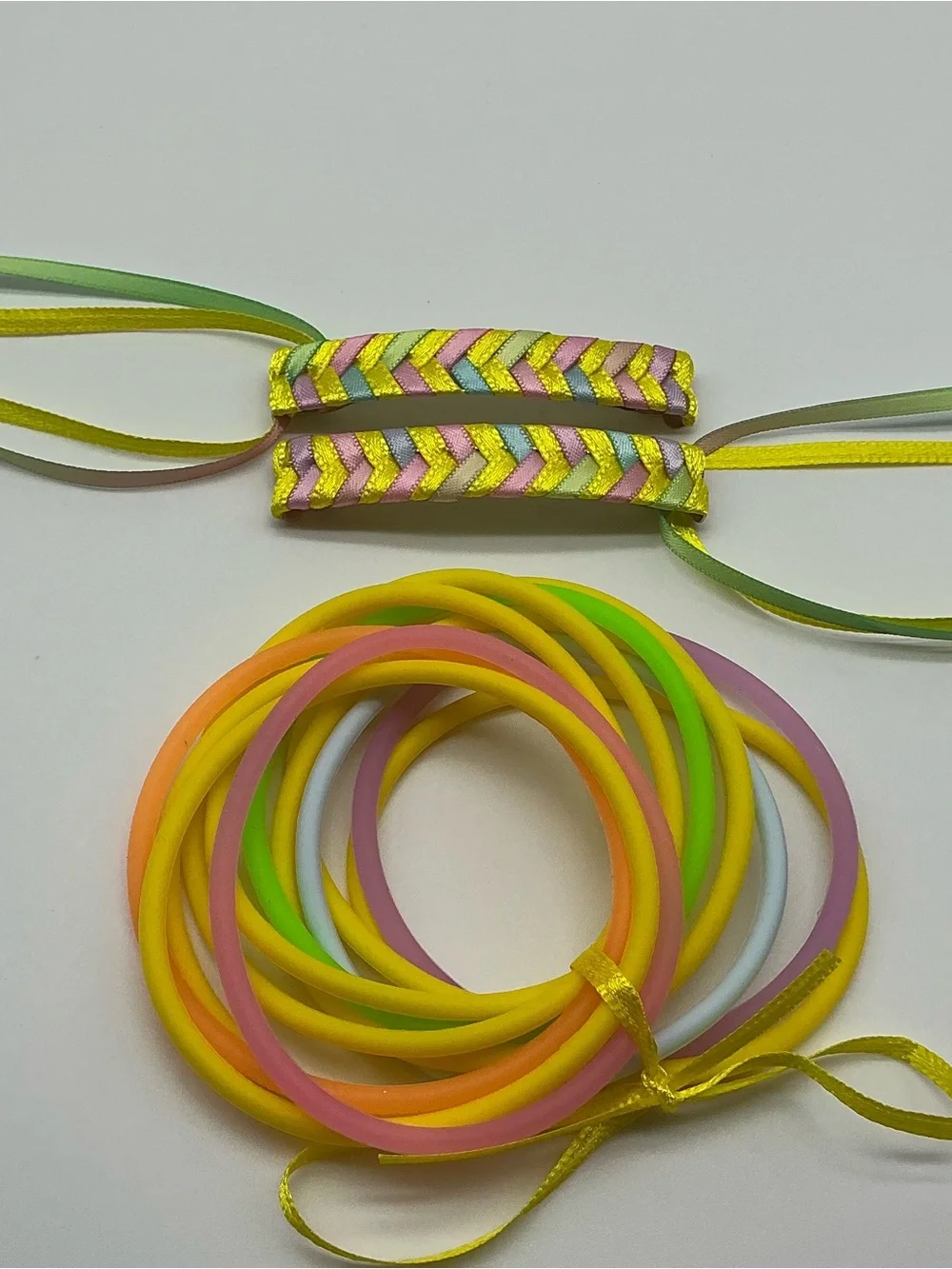 Yellow and Pastel Rainbow 80s Barrettes & 12 Jelly Bracelets